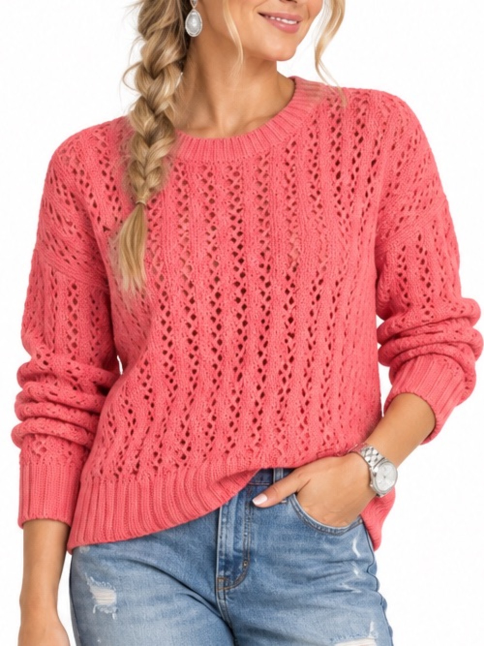 Talbots Women’s Coral Pink Pointelle Open Knit Crewneck Sweater SZ LG